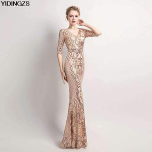 Planet Gates black / 10 Women's Elegant Mermaid Gold Sequins Dress Half Sleeve Evening Dress Party Long Prom Dress