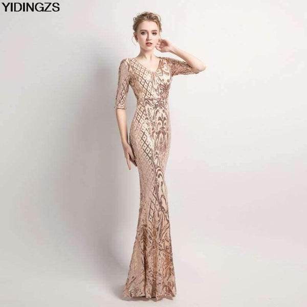 Planet Gates black / 10 Women's Elegant Mermaid Gold Sequins Dress Half Sleeve Evening Dress Party Long Prom Dress
