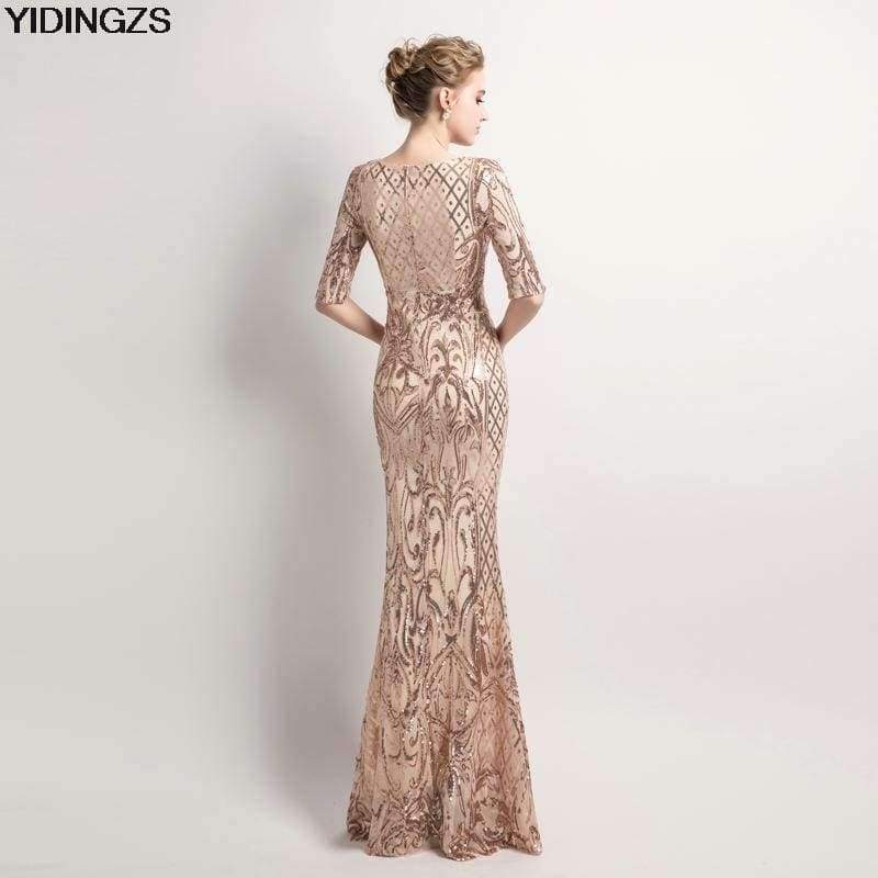 Planet Gates black / 10 Women's Elegant Mermaid Gold Sequins Dress Half Sleeve Evening Dress Party Long Prom Dress