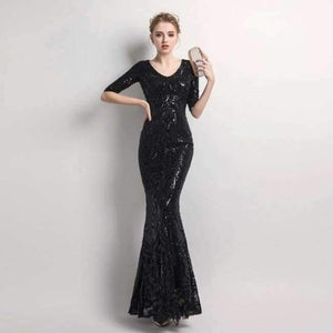 Planet Gates black / 10 Women's Elegant Mermaid Gold Sequins Dress Half Sleeve Evening Dress Party Long Prom Dress