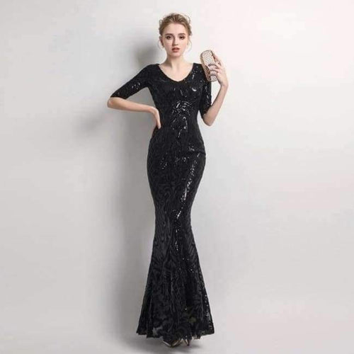 Planet Gates black / 10 Women's Elegant Mermaid Gold Sequins Dress Half Sleeve Evening Dress Party Long Prom Dress