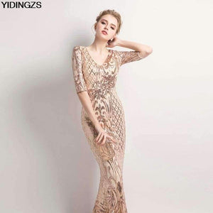 Planet Gates black / 10 Women's Elegant Mermaid Gold Sequins Dress Half Sleeve Evening Dress Party Long Prom Dress