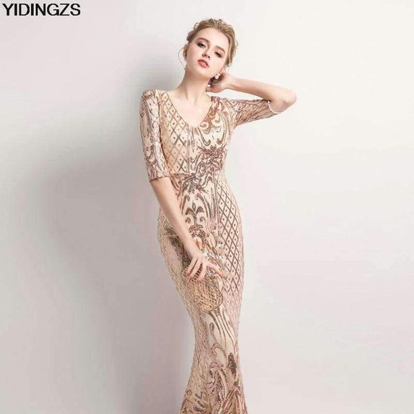 Planet Gates black / 10 Women's Elegant Mermaid Gold Sequins Dress Half Sleeve Evening Dress Party Long Prom Dress