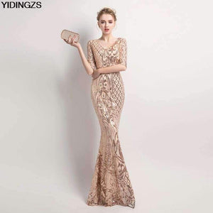 Planet Gates black / 10 Women's Elegant Mermaid Gold Sequins Dress Half Sleeve Evening Dress Party Long Prom Dress