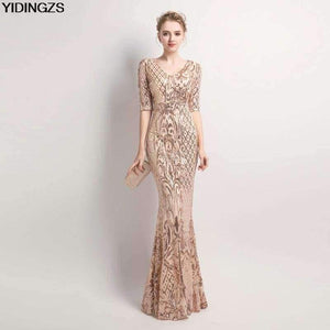 Planet Gates black / 10 Women's Elegant Mermaid Gold Sequins Dress Half Sleeve Evening Dress Party Long Prom Dress