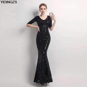 Planet Gates black / 10 Women's Elegant Mermaid Gold Sequins Dress Half Sleeve Evening Dress Party Long Prom Dress