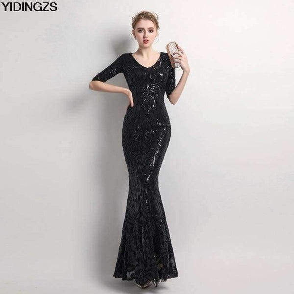 Planet Gates black / 10 Women's Elegant Mermaid Gold Sequins Dress Half Sleeve Evening Dress Party Long Prom Dress