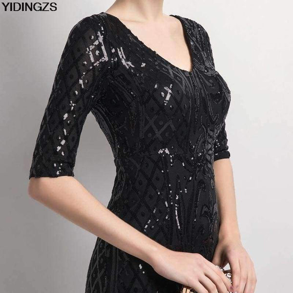 Planet Gates black / 10 Women's Elegant Mermaid Gold Sequins Dress Half Sleeve Evening Dress Party Long Prom Dress