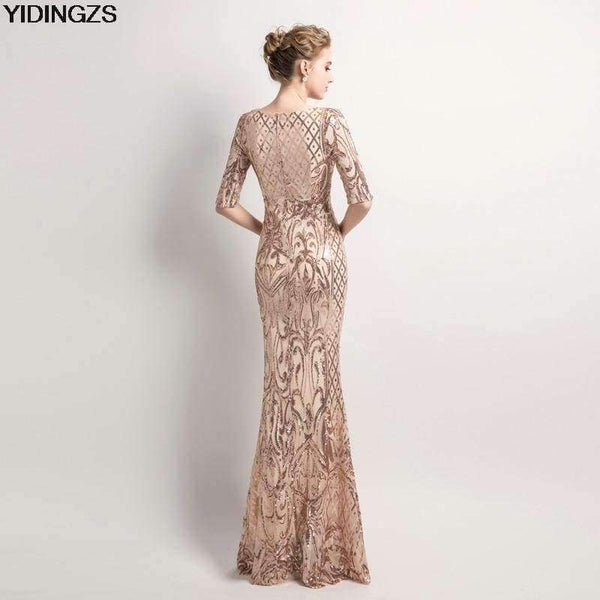 Planet Gates black / 10 Women's Elegant Mermaid Gold Sequins Dress Half Sleeve Evening Dress Party Long Prom Dress