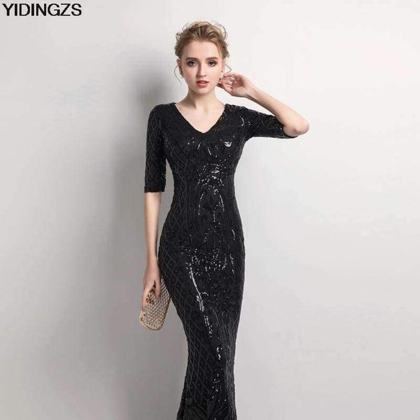 Planet Gates black / 10 Women's Elegant Mermaid Gold Sequins Dress Half Sleeve Evening Dress Party Long Prom Dress