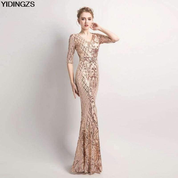 Planet Gates black / 10 Women's Elegant Mermaid Gold Sequins Dress Half Sleeve Evening Dress Party Long Prom Dress