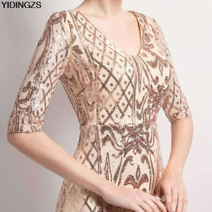 Planet Gates black / 10 Women's Elegant Mermaid Gold Sequins Dress Half Sleeve Evening Dress Party Long Prom Dress