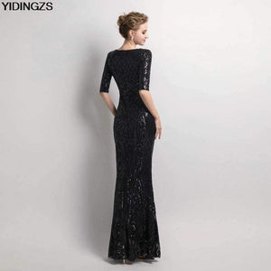 Planet Gates black / 10 Women's Elegant Mermaid Gold Sequins Dress Half Sleeve Evening Dress Party Long Prom Dress