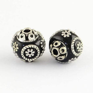 Planet Gates Black 10pcs Round Handmade Indonesia Beads for DIY jewelry making with Alloy Cores, Antique Silver,15x14mm,Hole: 2mm F70