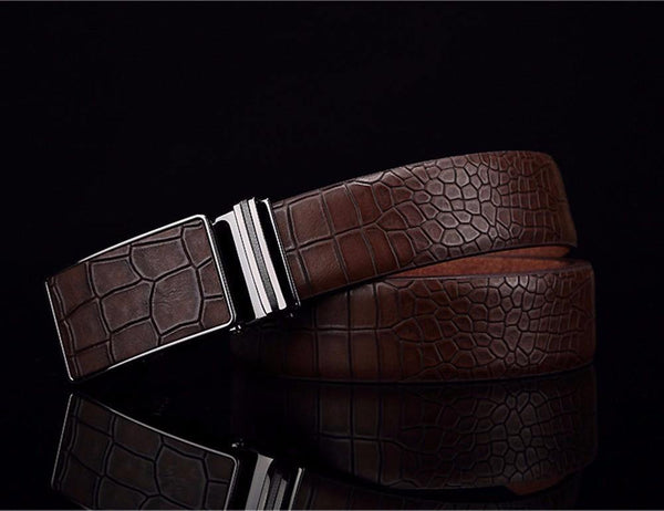 Planet Gates Black / 110cm Casual Men's Leather Belts, Faux Crocodile Striped Strap, Automatic Buckle Leather Belt Men Good Quality