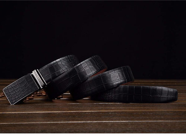 Planet Gates Black / 110cm Casual Men's Leather Belts, Faux Crocodile Striped Strap, Automatic Buckle Leather Belt Men Good Quality
