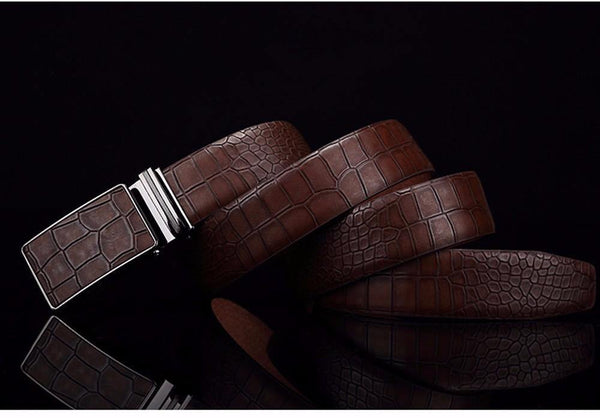 Planet Gates Black / 110cm Casual Men's Leather Belts, Faux Crocodile Striped Strap, Automatic Buckle Leather Belt Men Good Quality