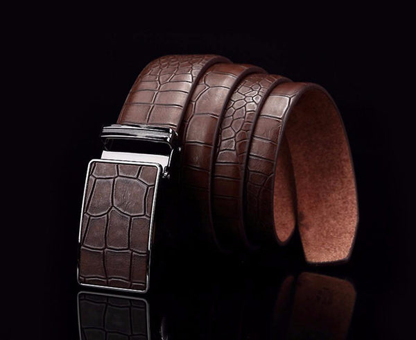 Planet Gates Black / 110cm Casual Men's Leather Belts, Faux Crocodile Striped Strap, Automatic Buckle Leather Belt Men Good Quality