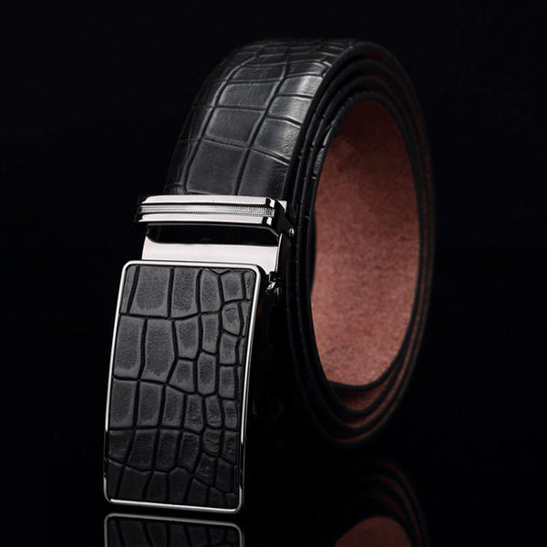 Planet Gates Black / 110cm Casual Men's Leather Belts, Faux Crocodile Striped Strap, Automatic Buckle Leather Belt Men Good Quality