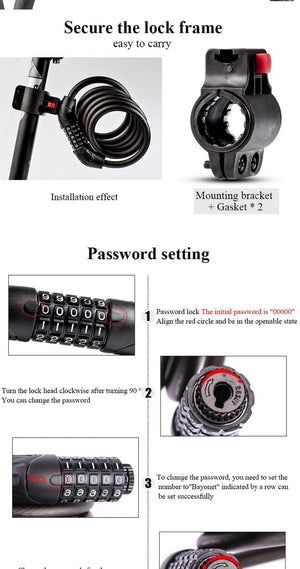 Planet Gates black 120cm Cable Cycling Lock MTB Mountain Road Code Bicycle Password Lock Anti-theft Electric Password Easy Security Steel