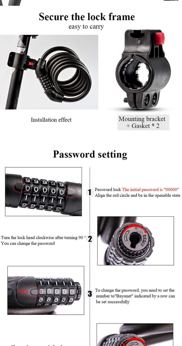 Planet Gates black 120cm Cable Cycling Lock MTB Mountain Road Code Bicycle Password Lock Anti-theft Electric Password Easy Security Steel