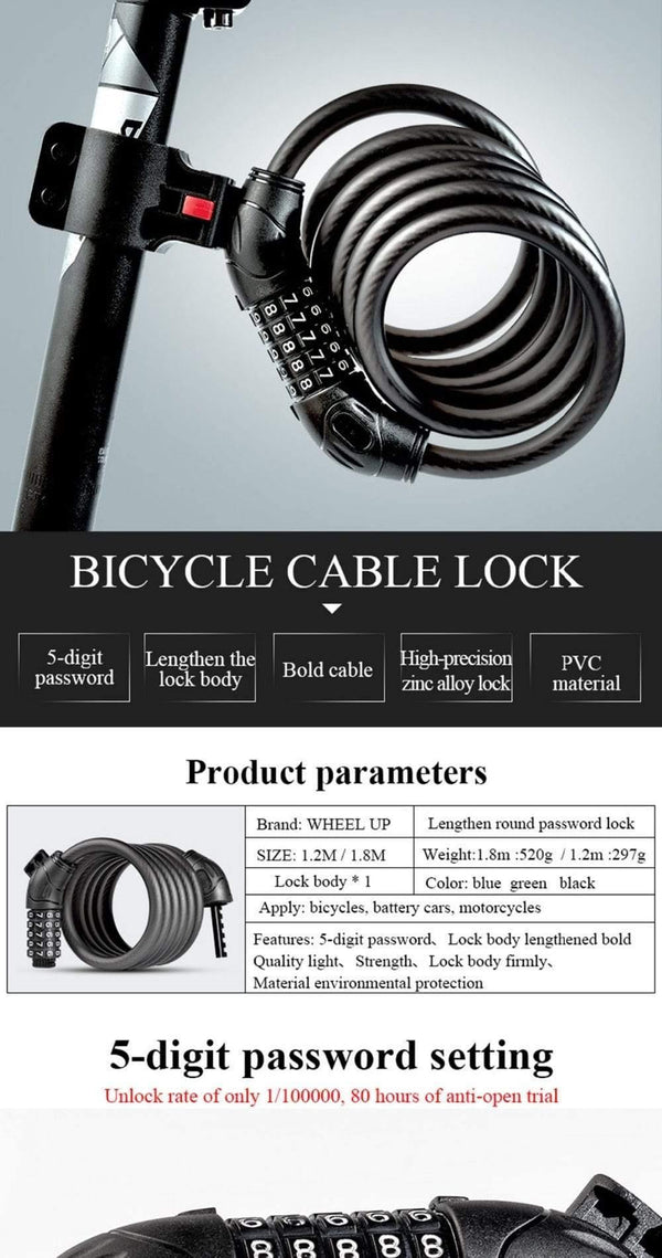 Planet Gates black 120cm Cable Cycling Lock MTB Mountain Road Code Bicycle Password Lock Anti-theft Electric Password Easy Security Steel