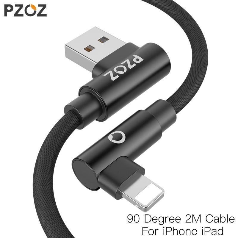 Planet Gates Black / 1m PZOZ 2M For iphone XS MAX Xr X 7 6 usb cable 90 Degree Fast Charging cord 8 pin cable Mobile phone data Charger Adapter Cables