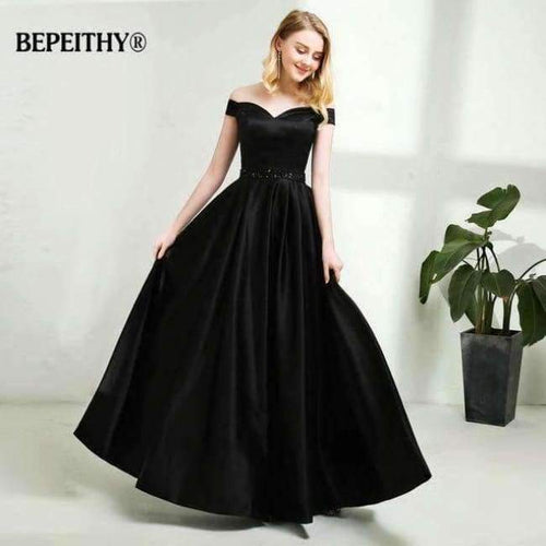Planet Gates black / 2 A-line Long Evening Dress Vintage Off The Shoulder Prom Dresses Crystal Belt Robe De Soiree 2017