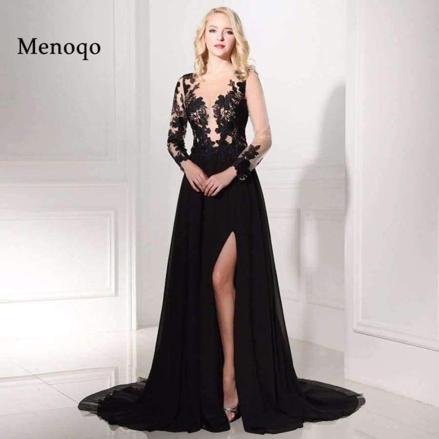 Planet Gates Black / 2 Black Long Sleeve Evening Dresses 2018 scoop neck with High Slit chiffon Formal Dresses robe de soiree