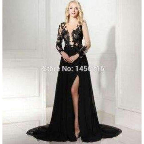 Planet Gates Black / 2 Black Long Sleeve Evening Dresses 2018 scoop neck with High Slit chiffon Formal Dresses robe de soiree