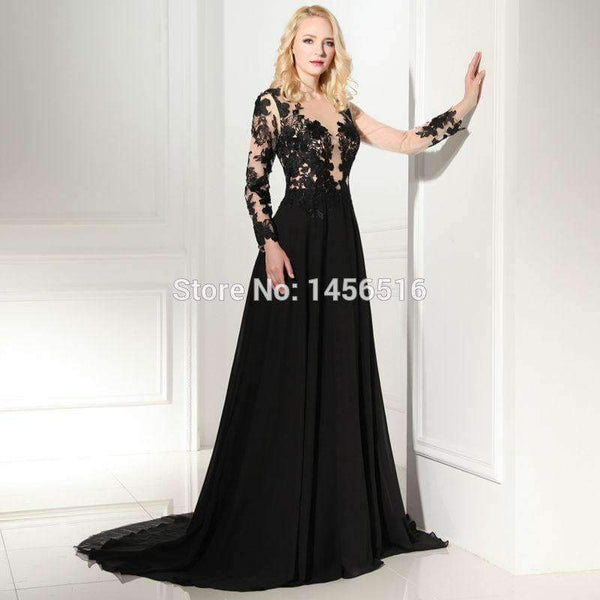 Planet Gates Black / 2 Black Long Sleeve Evening Dresses 2018 scoop neck with High Slit chiffon Formal Dresses robe de soiree