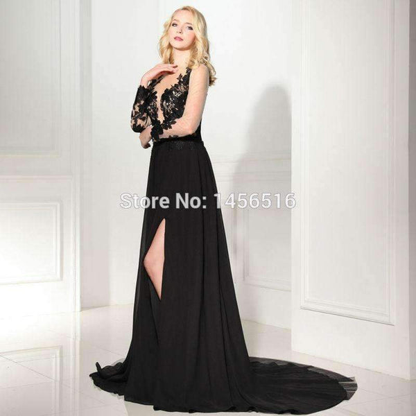 Planet Gates Black / 2 Black Long Sleeve Evening Dresses 2018 scoop neck with High Slit chiffon Formal Dresses robe de soiree