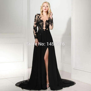 Planet Gates Black / 2 Black Long Sleeve Evening Dresses 2018 scoop neck with High Slit chiffon Formal Dresses robe de soiree