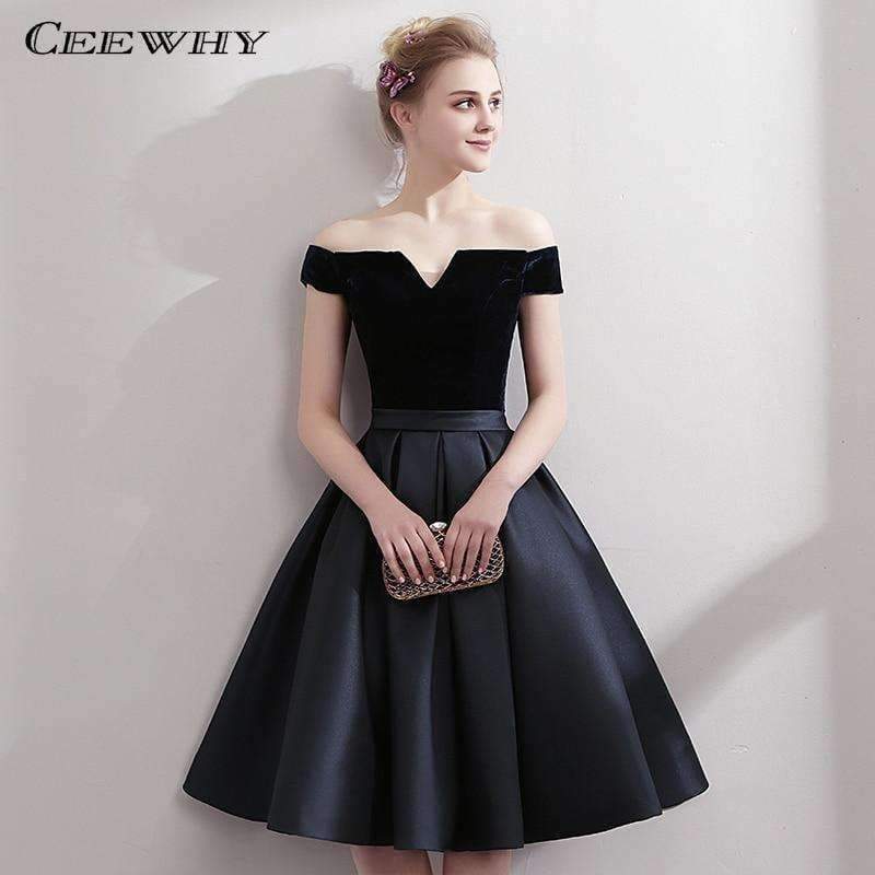 Planet Gates black / 2 Boat Neck Satin Little Black Dress Elegant Short Cocktail Dresses Knee Length Prom Dresses Robe Cocktail mi Longue