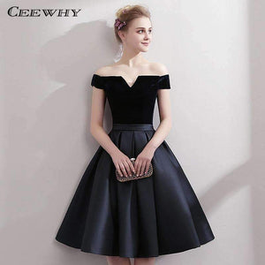 Planet Gates black / 2 Boat Neck Satin Little Black Dress Elegant Short Cocktail Dresses Knee Length Prom Dresses Robe Cocktail mi Longue