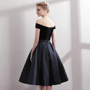 Planet Gates black / 2 Boat Neck Satin Little Black Dress Elegant Short Cocktail Dresses Knee Length Prom Dresses Robe Cocktail mi Longue