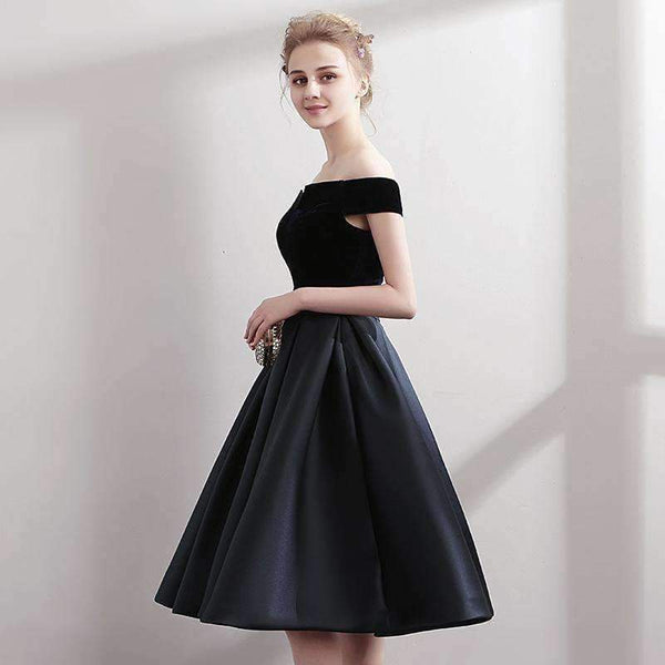 Planet Gates black / 2 Boat Neck Satin Little Black Dress Elegant Short Cocktail Dresses Knee Length Prom Dresses Robe Cocktail mi Longue