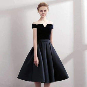 Planet Gates black / 2 Boat Neck Satin Little Black Dress Elegant Short Cocktail Dresses Knee Length Prom Dresses Robe Cocktail mi Longue