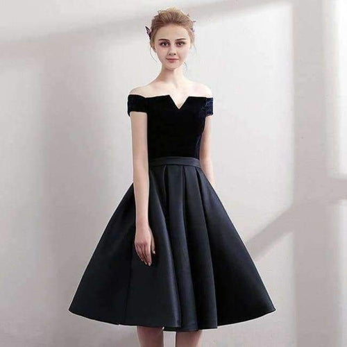 Planet Gates black / 2 Boat Neck Satin Little Black Dress Elegant Short Cocktail Dresses Knee Length Prom Dresses Robe Cocktail mi Longue