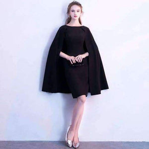 Planet Gates Black / 2 / China Black Full Cap Sleeve Cloak Zipper Cocktail Dresses A-line Knee Length Formal Dress Party Gown LX404