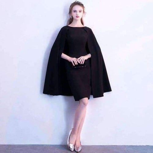 Planet Gates Black / 2 / China Black Full Cap Sleeve Cloak Zipper Cocktail Dresses A-line Knee Length Formal Dress Party Gown LX404