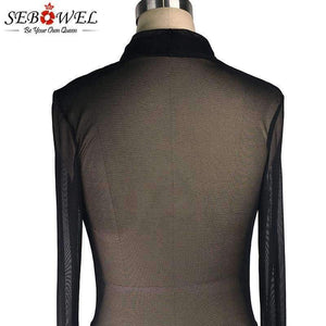 Planet Gates Black 2 / L Sexy Black Mesh Deep V Bodysuit Women Plus size Sheer Skinny Long Sleeve Bodysuits Body Jumpsuit Femme Rompe S-XXL