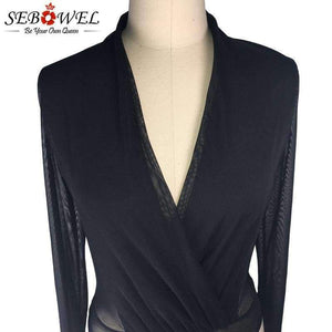 Planet Gates Black 2 / L Sexy Black Mesh Deep V Bodysuit Women Plus size Sheer Skinny Long Sleeve Bodysuits Body Jumpsuit Femme Rompe S-XXL