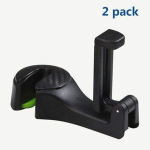 Planet Gates Black 2 pack Car Headrest Hooks Universal Vehicle Back Seat Hanger Hook with Phone Holder for Bag Purse Cloth Grocery 2 in 1
