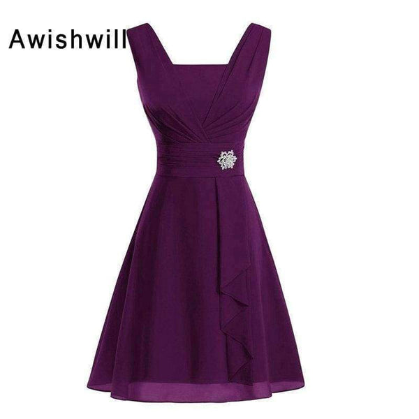 Planet Gates Black / 2 Purple Blue Red Sleeveless Beads Brooch Chiffon Knee Length Wedding Party Dress for Women Short Bridesmaid Dress