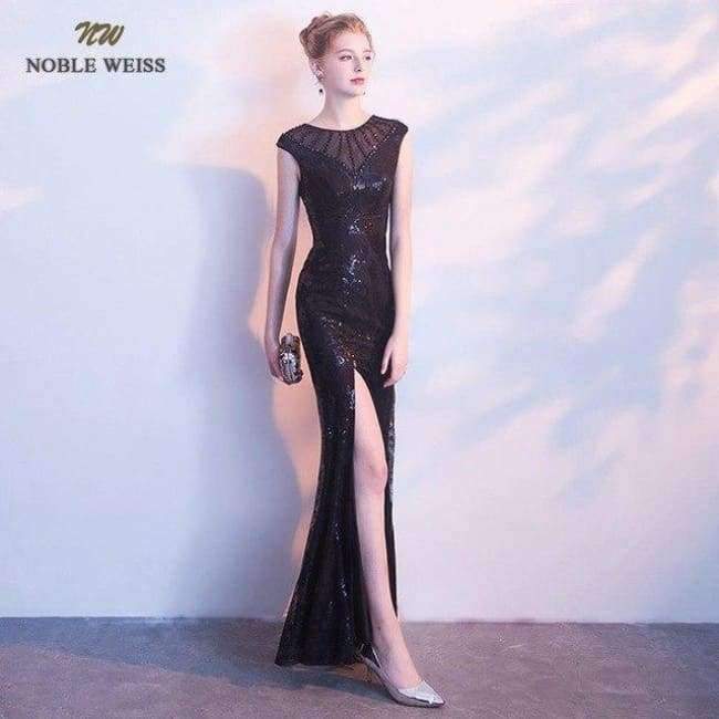 Planet Gates Sexy Mermaid Long Evening Dresses 2018 O-Neck Split Front Black Beading Custom Size Prom Gowns Formal Evening Gown