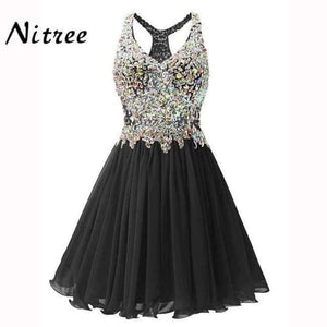 Planet Gates Black / 2 V Neck Short Cocktail Dresses Chiffon Pleat Ruffles Beaded Crystal Rhinestone Formal Party Dress Real Picture