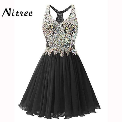 Planet Gates Black / 2 V Neck Short Cocktail Dresses Chiffon Pleat Ruffles Beaded Crystal Rhinestone Formal Party Dress Real Picture