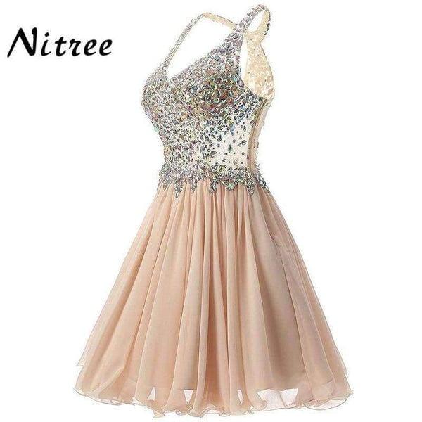 Planet Gates Black / 2 V Neck Short Cocktail Dresses Chiffon Pleat Ruffles Beaded Crystal Rhinestone Formal Party Dress Real Picture