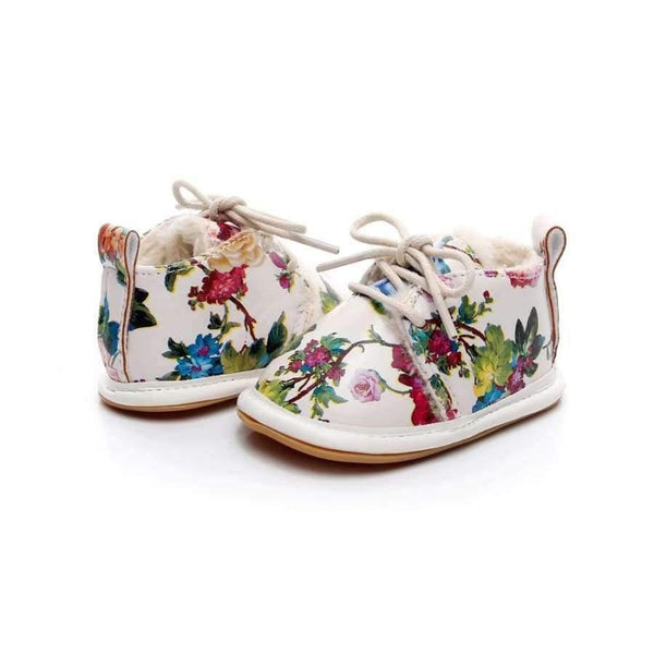 Planet Gates black / 2 Winter super warm floral printing PU leather with fur baby moccasins infant baby girl boys shoes lace up boot